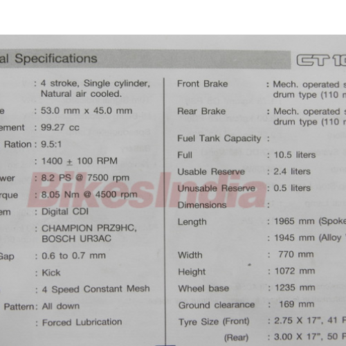 2015 Bajaj Ct 100 Specifications